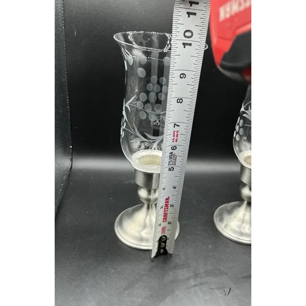 Kirk Weighted Pewter Candlesticks Etched Glass Hurricane Shades Set Of 2 -A95